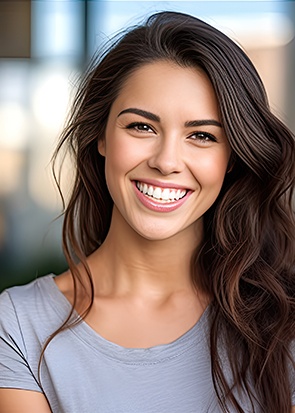 Closeup of woman in grey shirt smiling outside